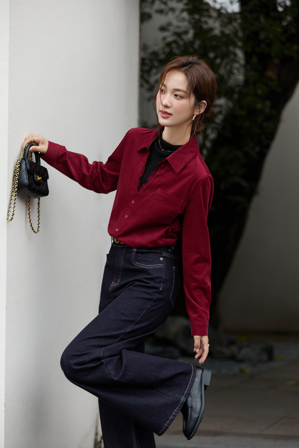 Red-Black French-Style Layered-Look Long-Sleeve Shirt