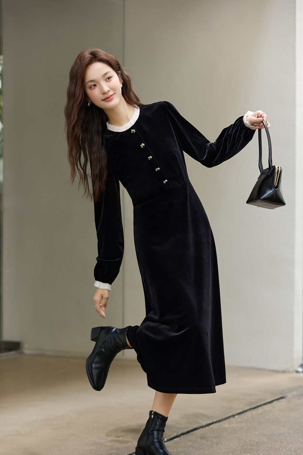 French-Style Velvet A-Line Dress