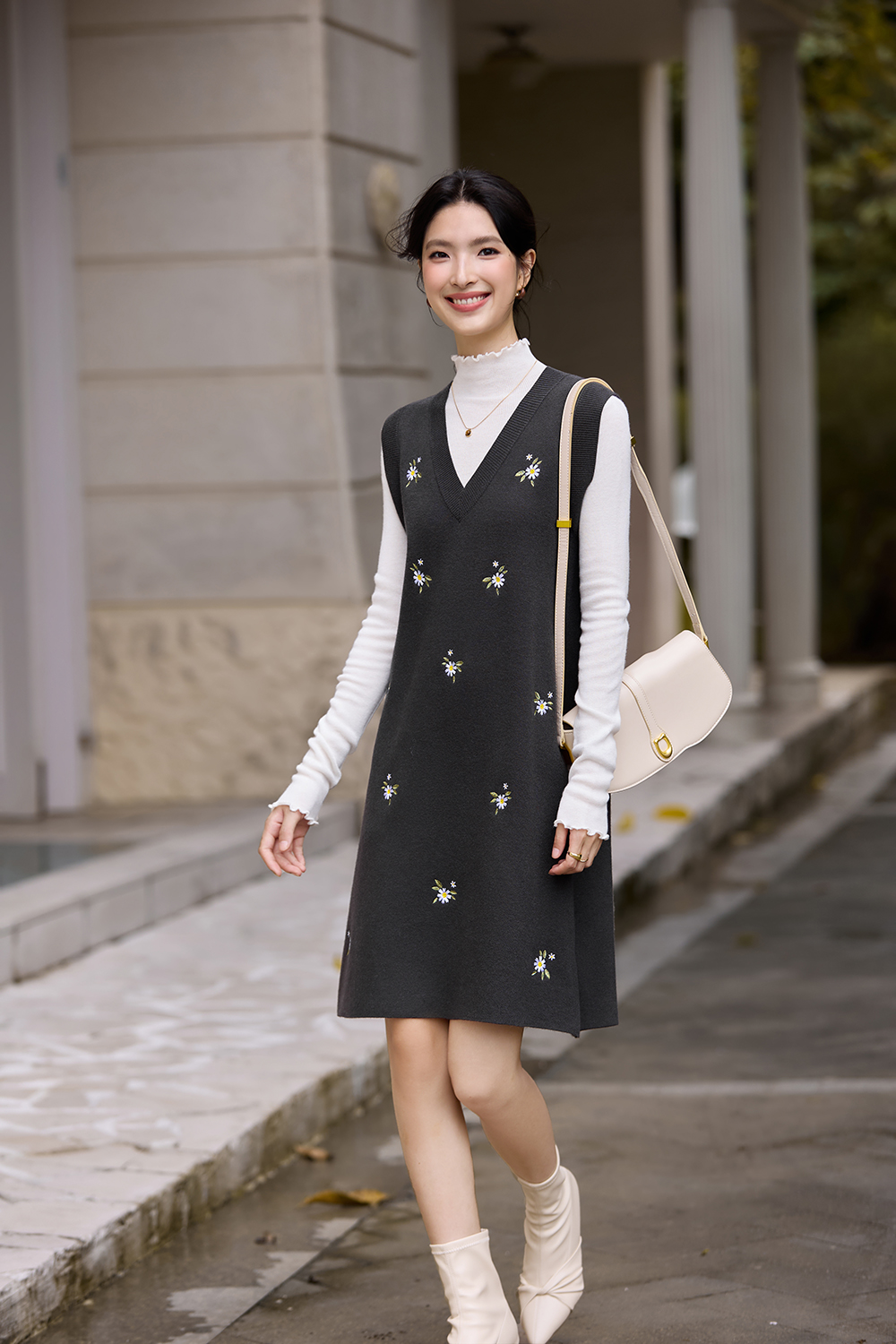 V-Neck Embroidered Vest Dress