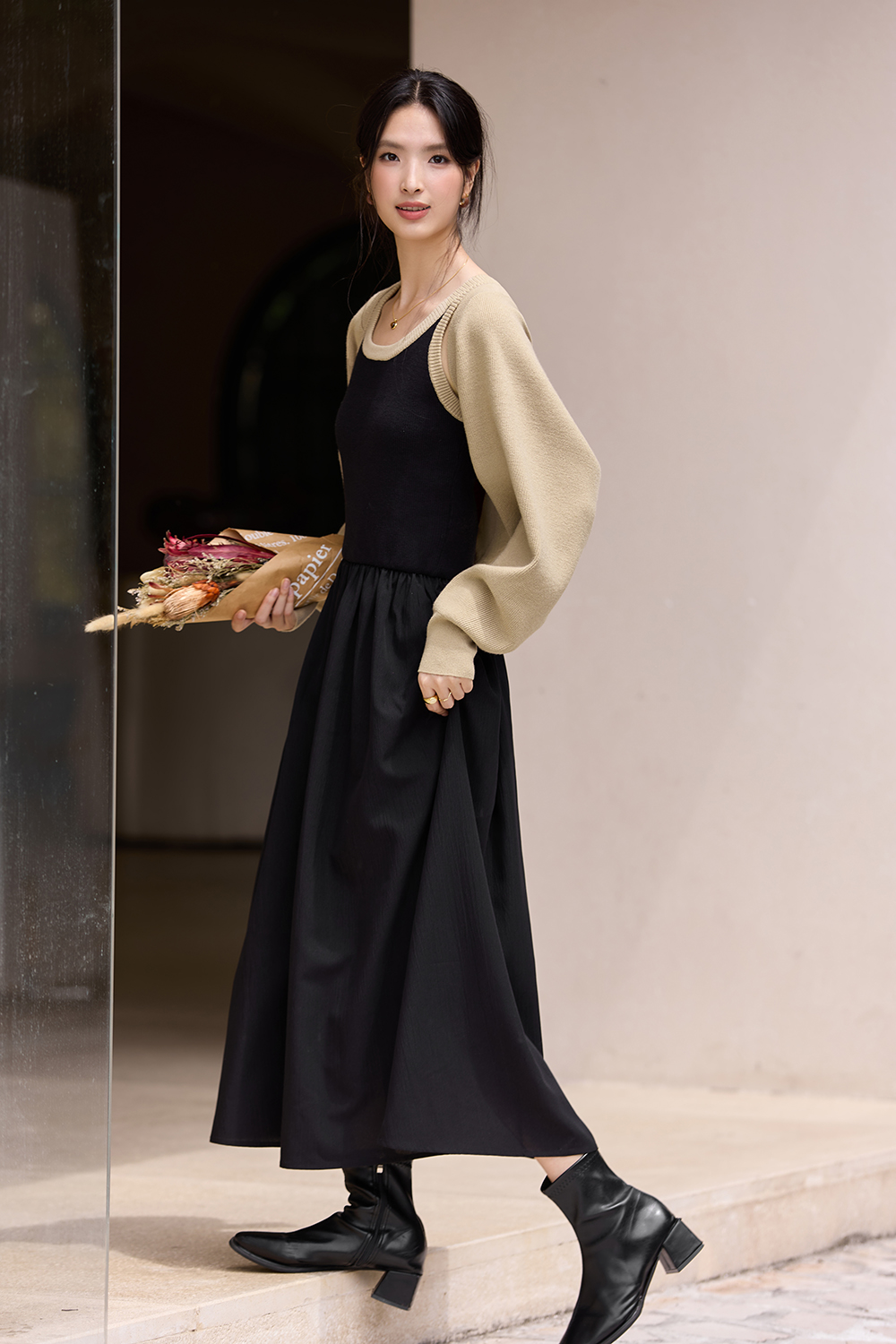 Black-Khaki Vest Dress Set