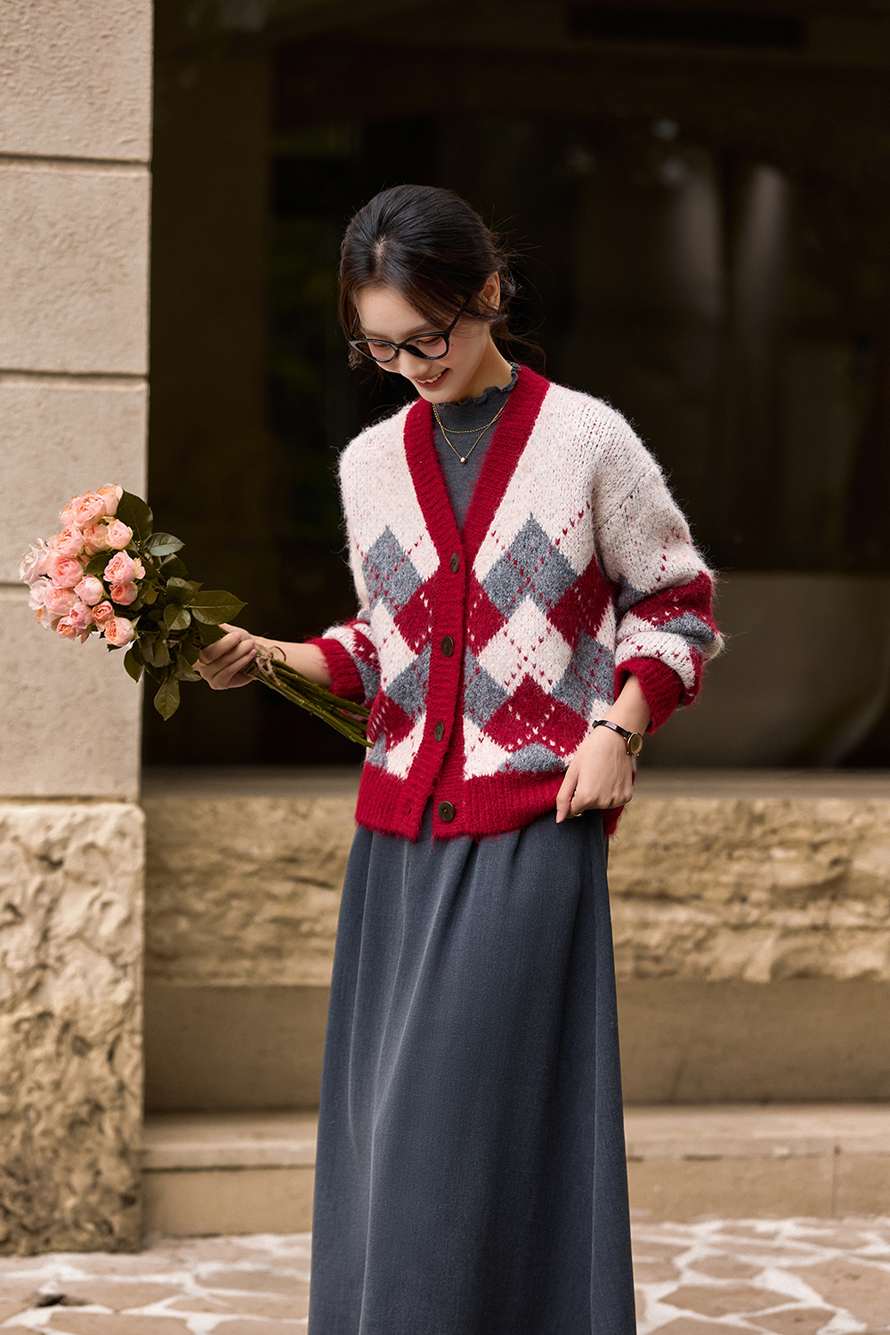 Vintage Diamond-Pattern Cardigan