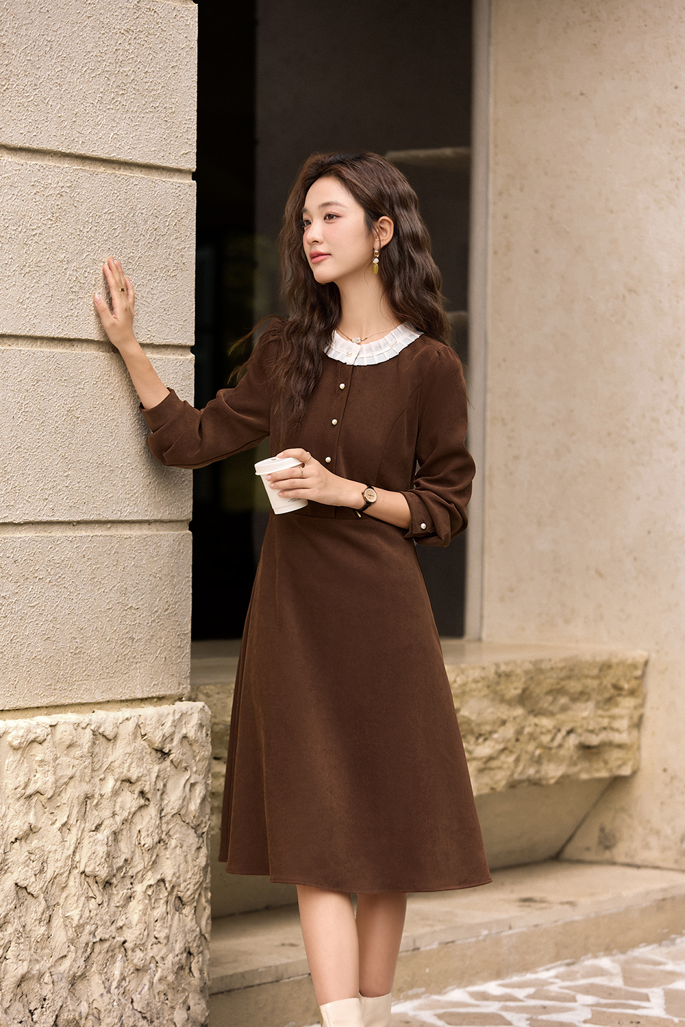 Brown French lace - trimmed crew - neck dress