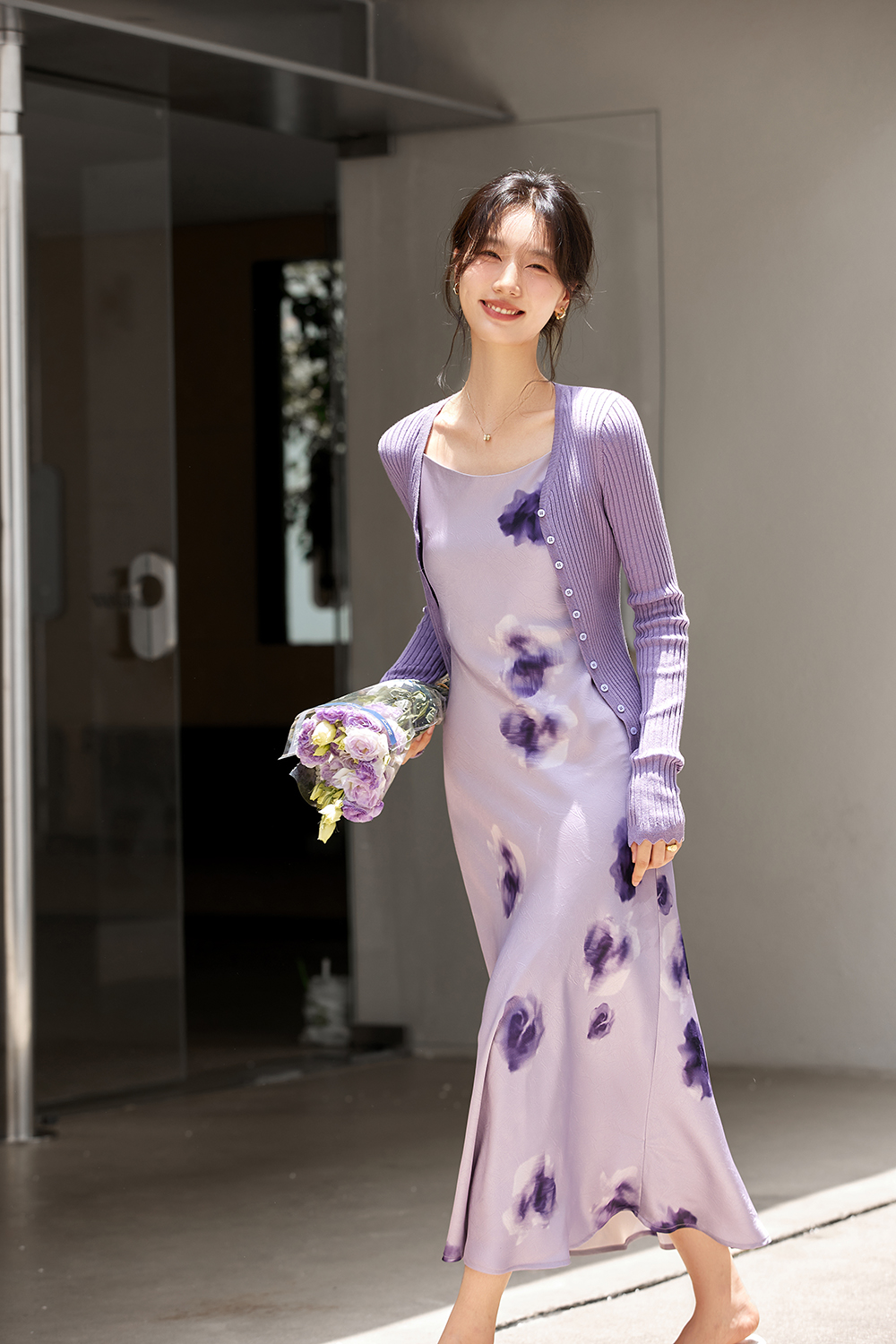 Purple slim knit cardigan printed skirt with suspenders-VIMLYSTORE