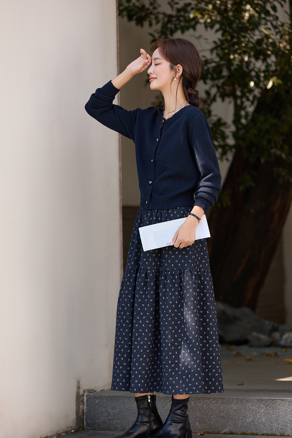 Navy blue cardigan floral dress set