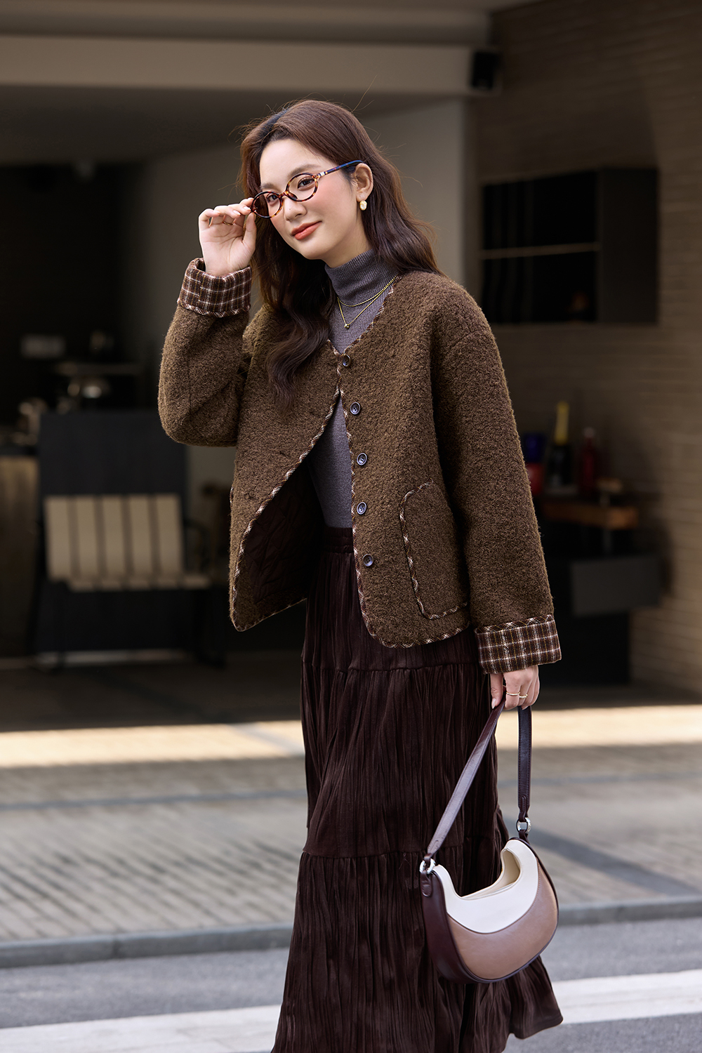 Color - block checkered woolen coat