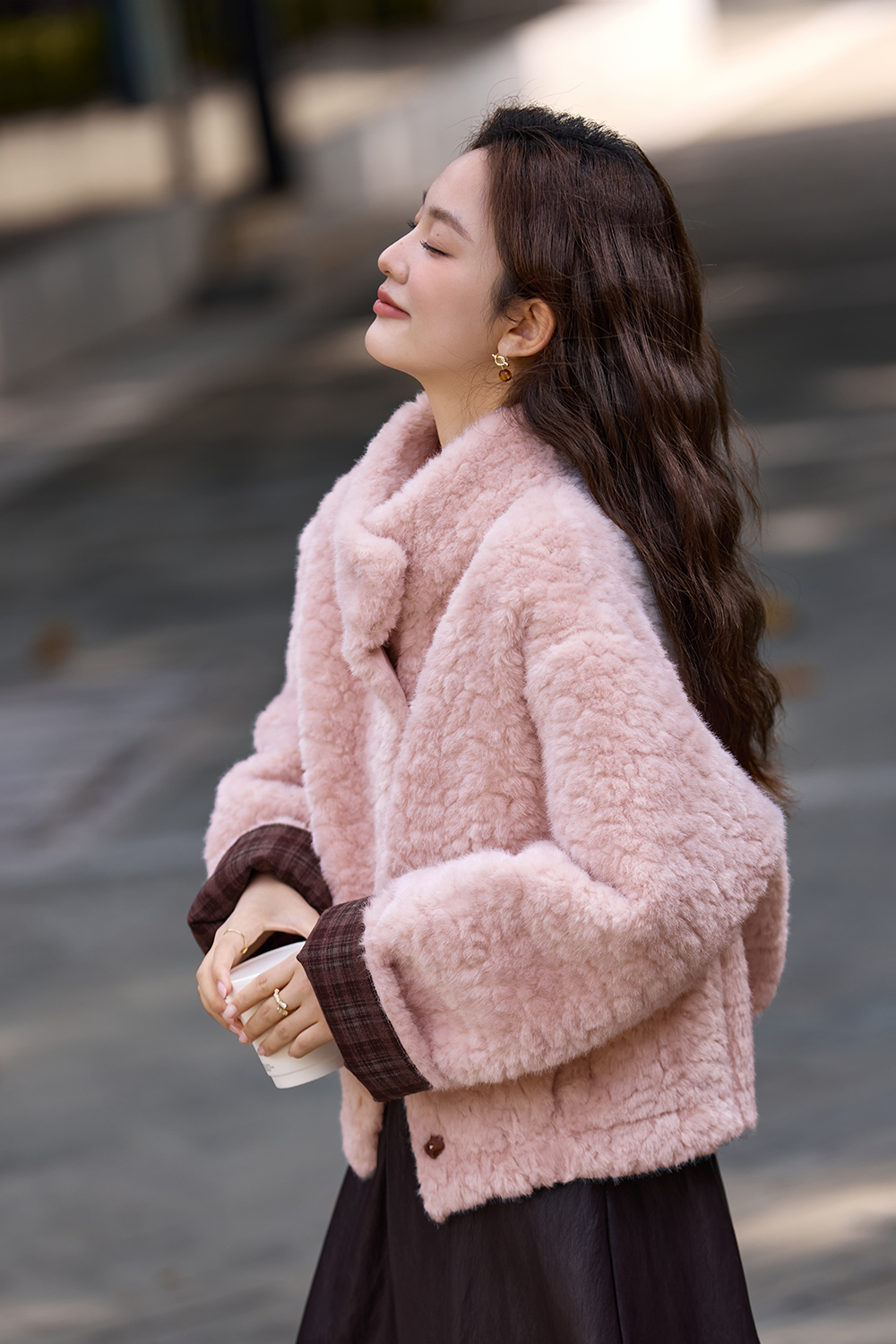 Pink fur - lined stand - collar plush coat