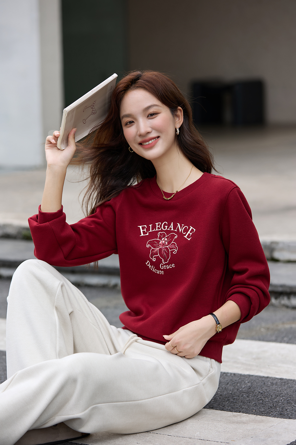 Raffia Red Printed Fleece-lined Sweatshirt