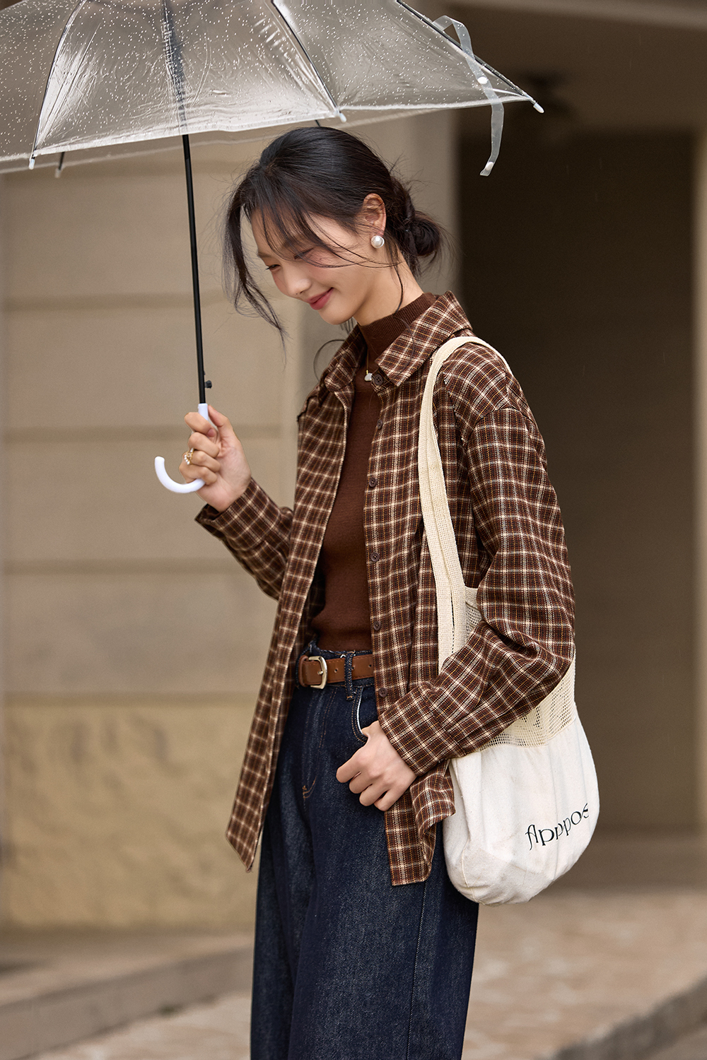 Brown Lapel Checkered Shirt