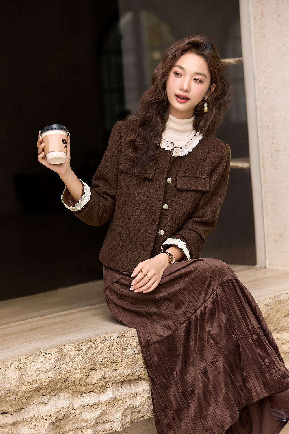 Coffee Color Patchwork Lace Coat