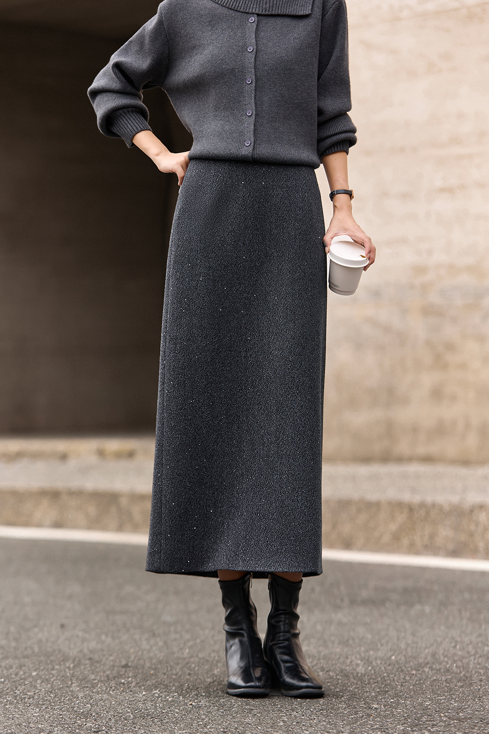 Gray Shimmer Midi Skirt