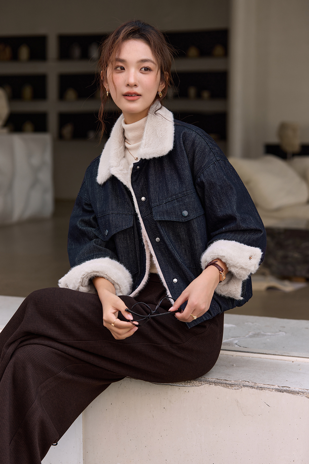 Lapel Brown Fleece-lined Denim Jacket