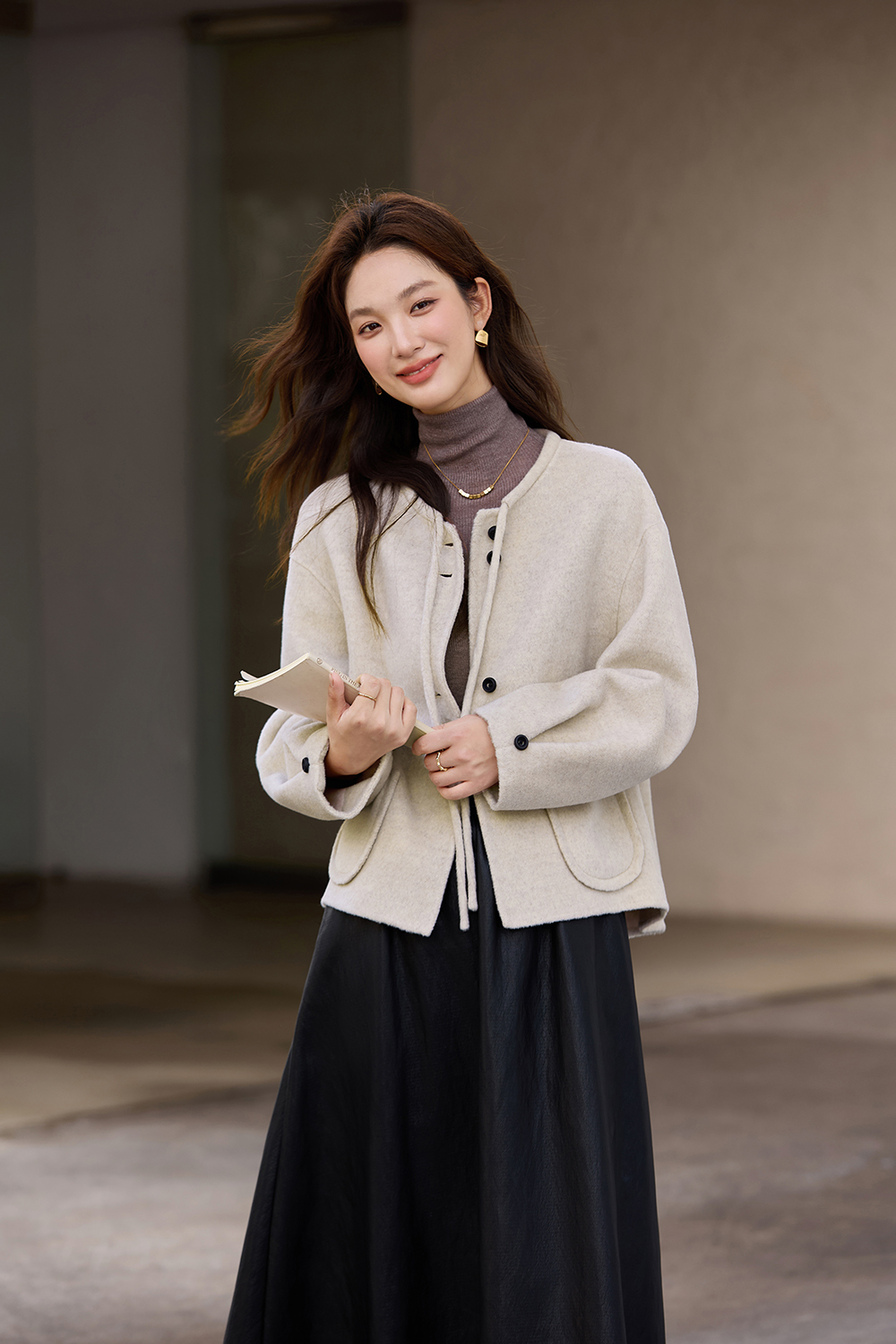Crew neck double-sided wool coat