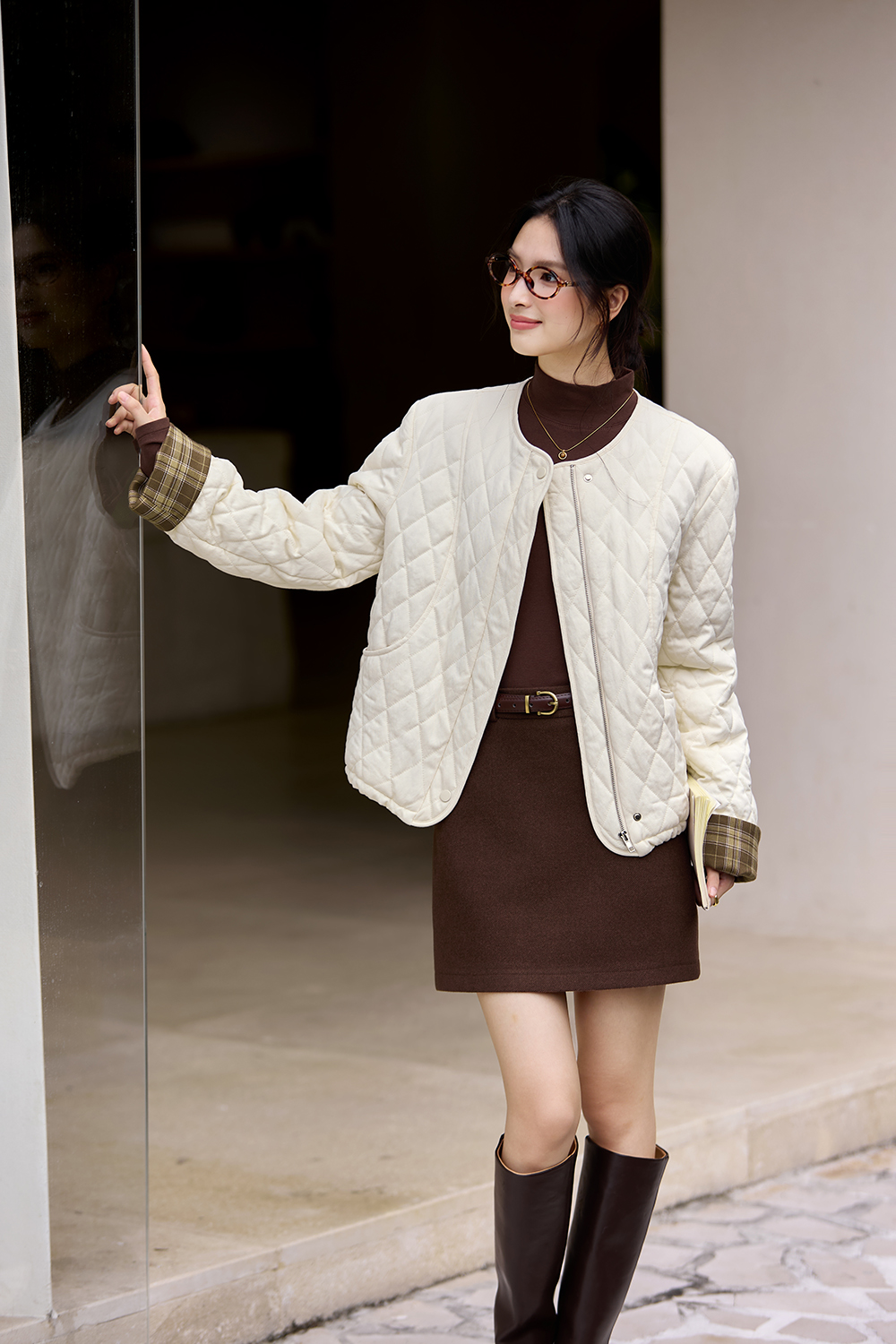 Quilted color-block short cotton-padded jacket