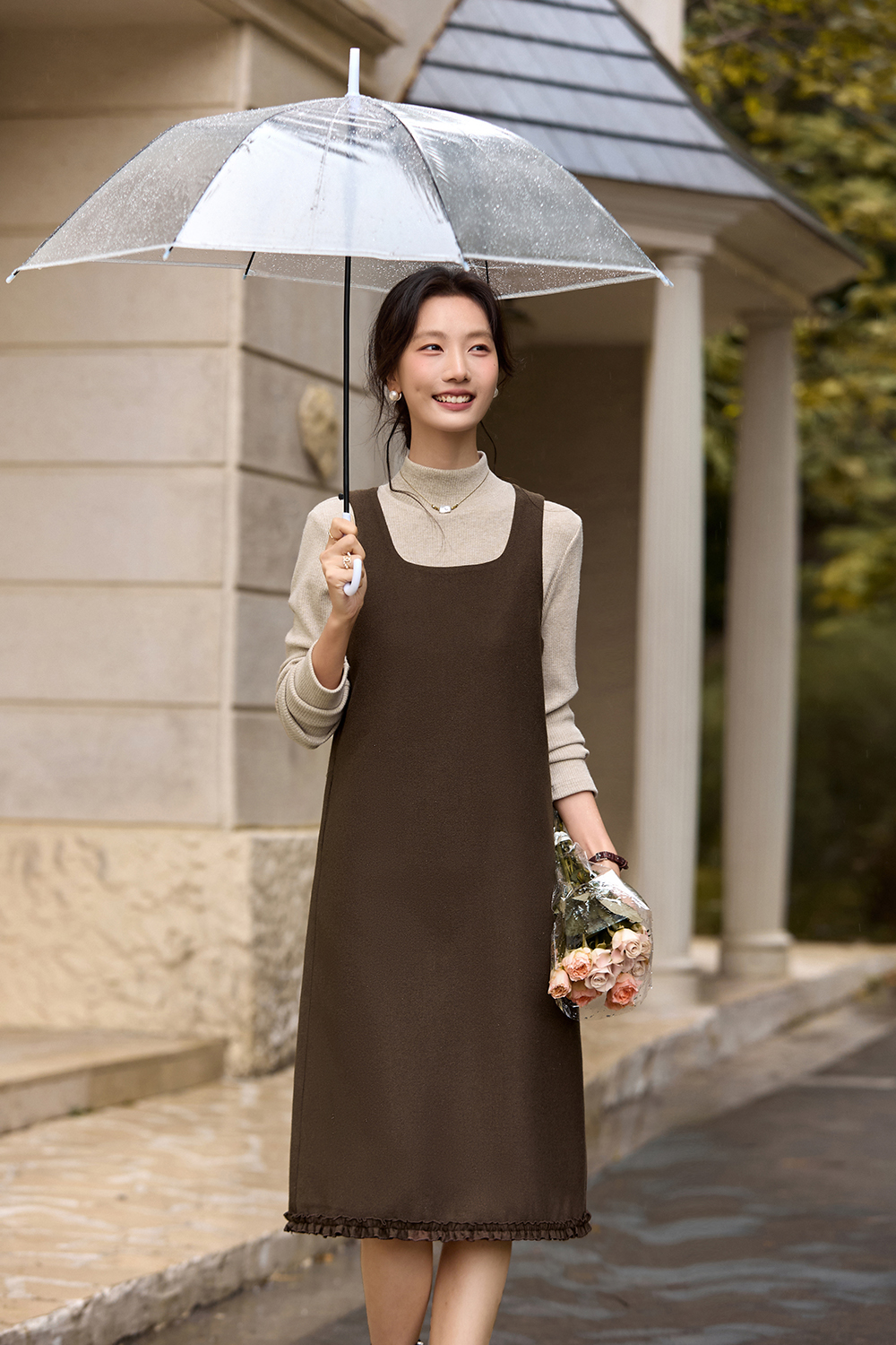 Coffee-colored slip dress set
