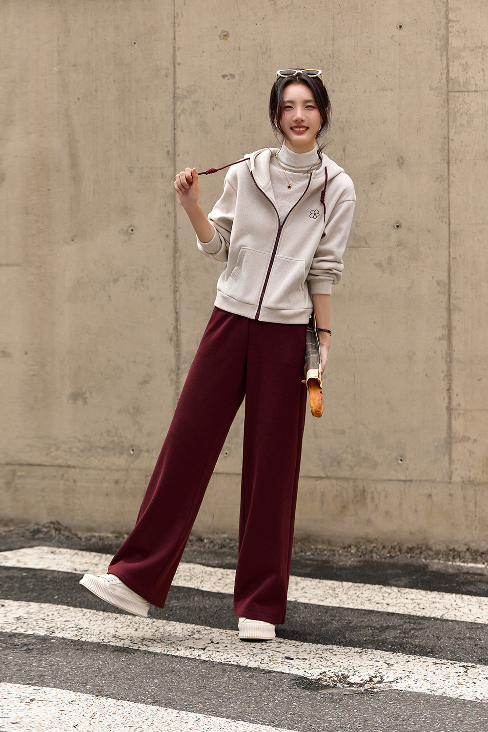 Apricot-red casual sports hoodie set