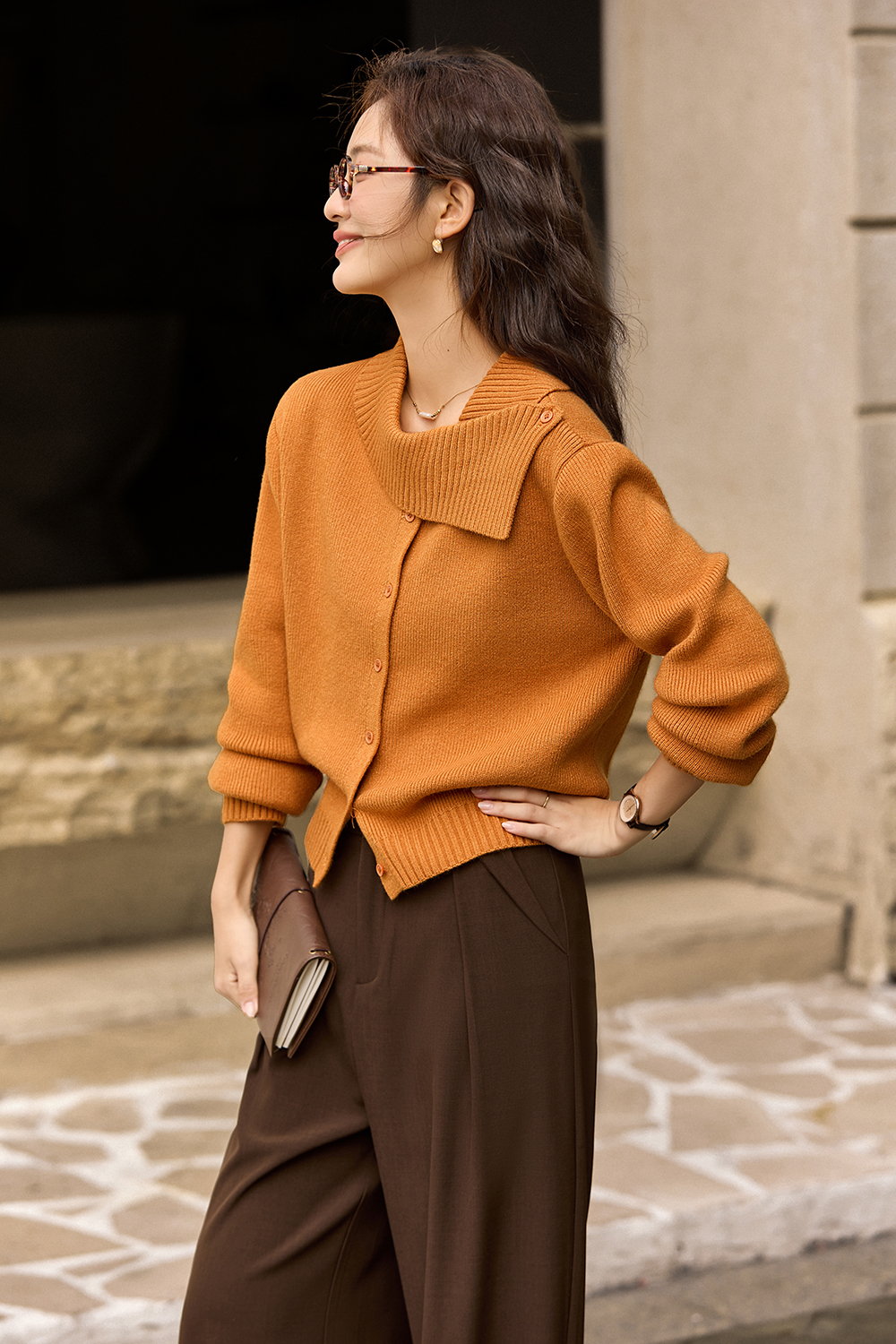 Designer asymmetric lapel knitted sweater