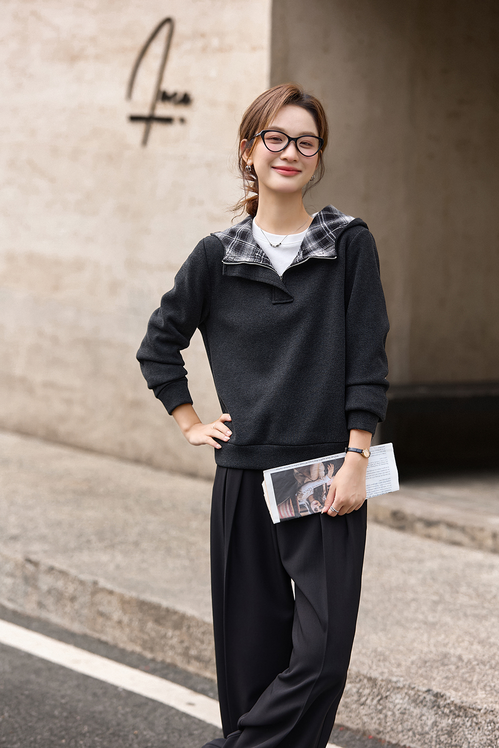 Patchwork plaid fleece-lined hoodie