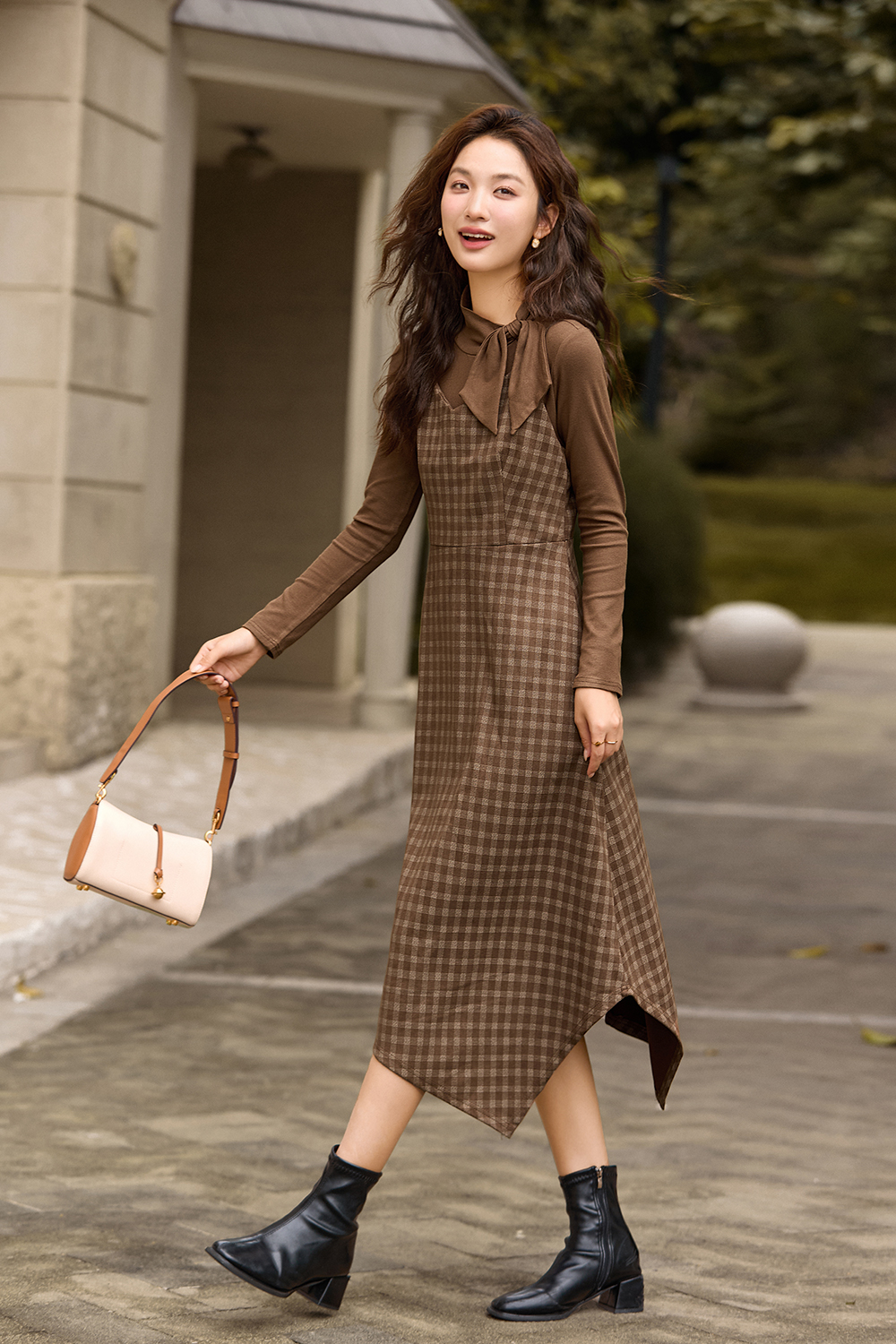 Coffee plaid dress