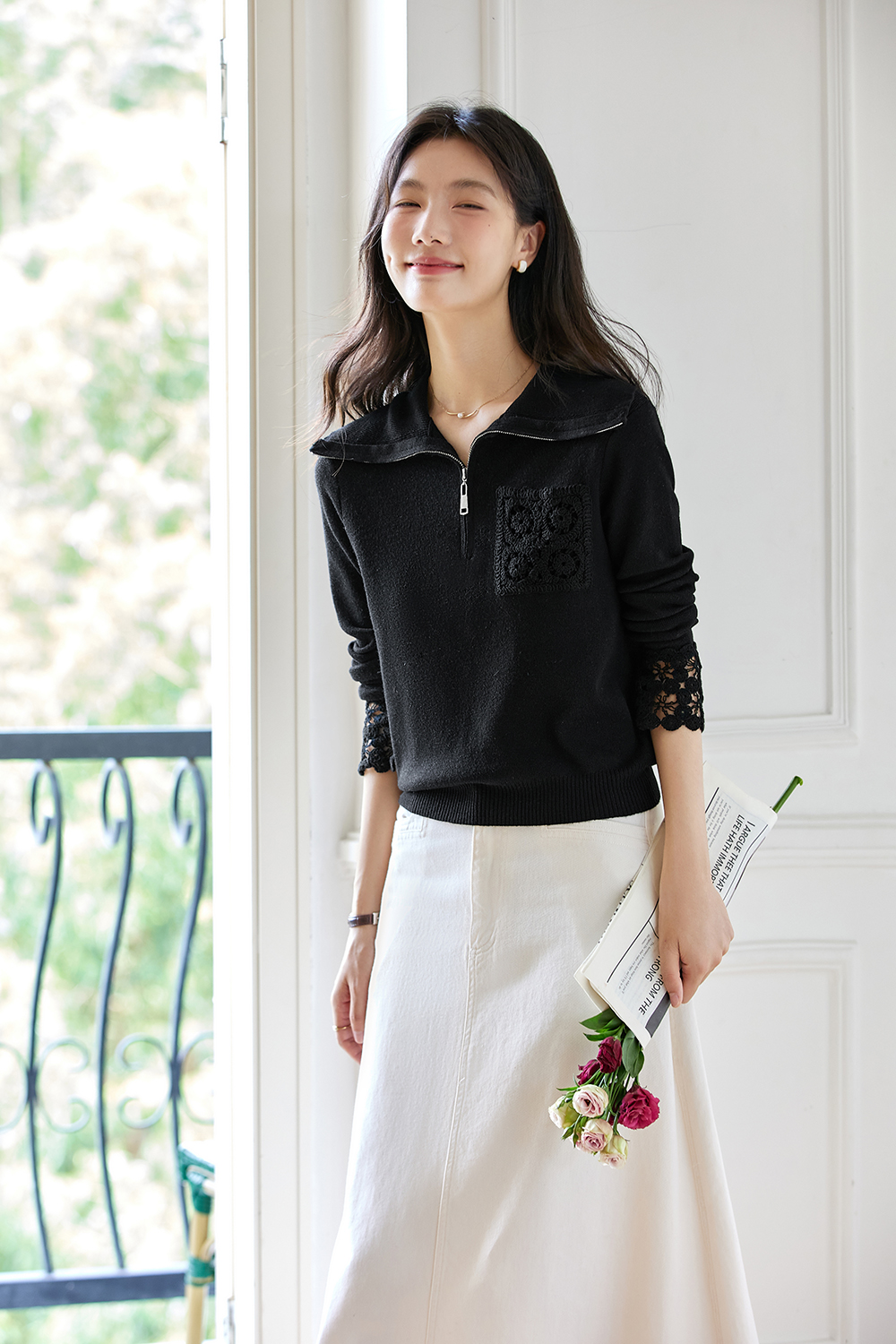 French openwork lace knit top-VIMLYSTORE