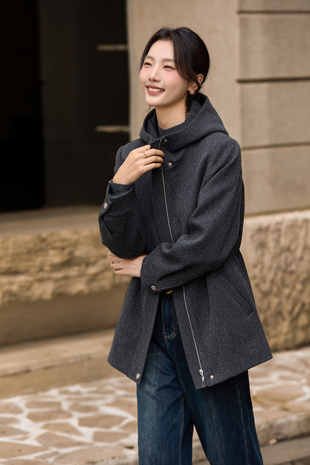 Hooded zipper wool coat
