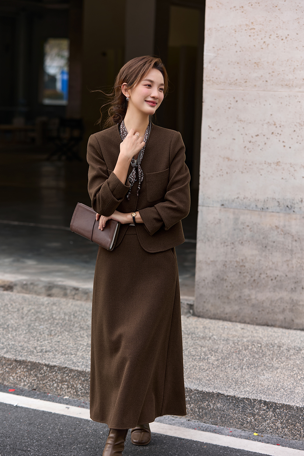 Coffee-colored wool blazer set