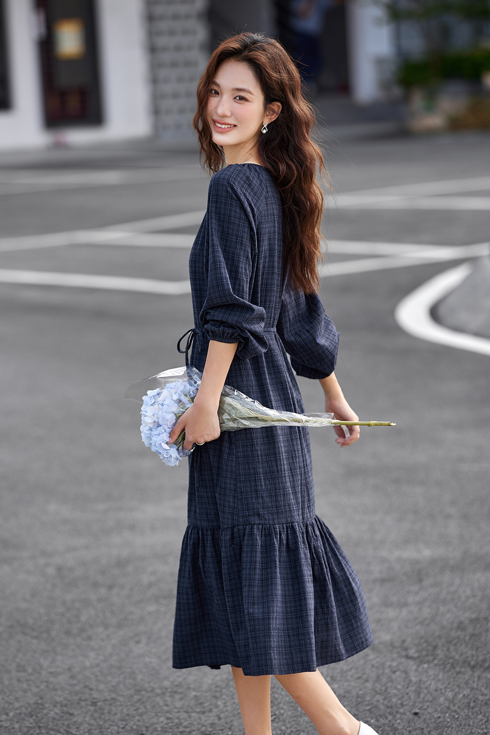 Blue Mori Check Slim Dress-VIMLYSTORE