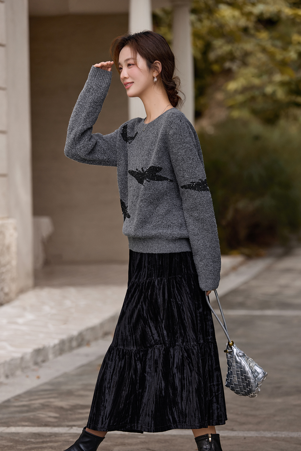 Butterfly jacquard crew neck sweater