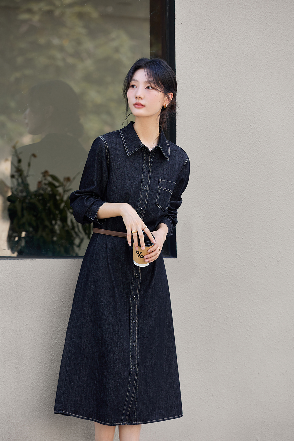 Denim Shirt Dress with Contrast Topstitching-VIMLYSTORE