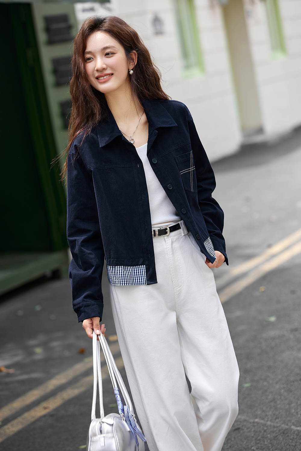 Navy & Stripe Faux Two-Layer Fashion Shirt-VIMLYSTORE