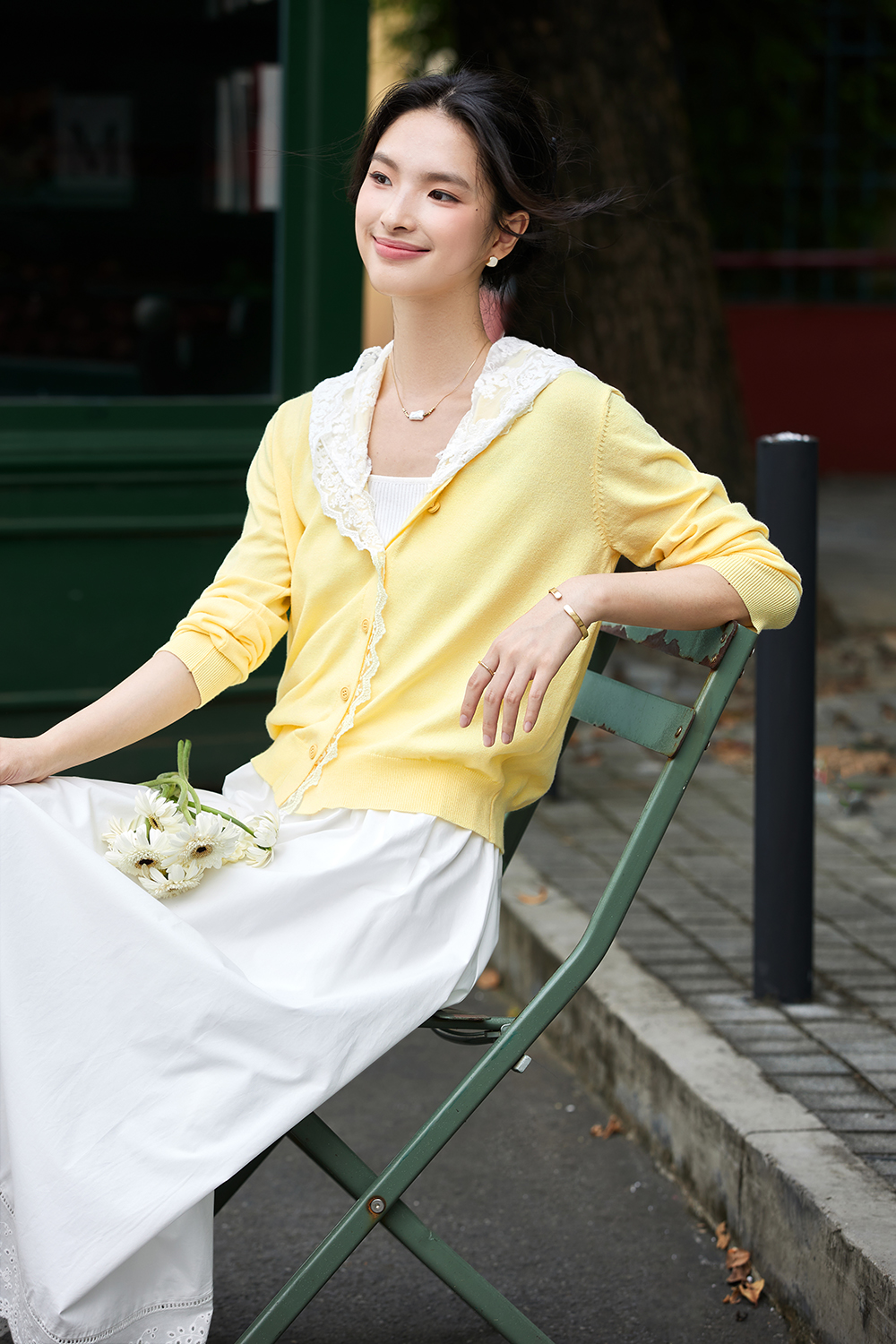 Yellow lace hooded knitted cardigan sweater coat-VIMLYSTORE