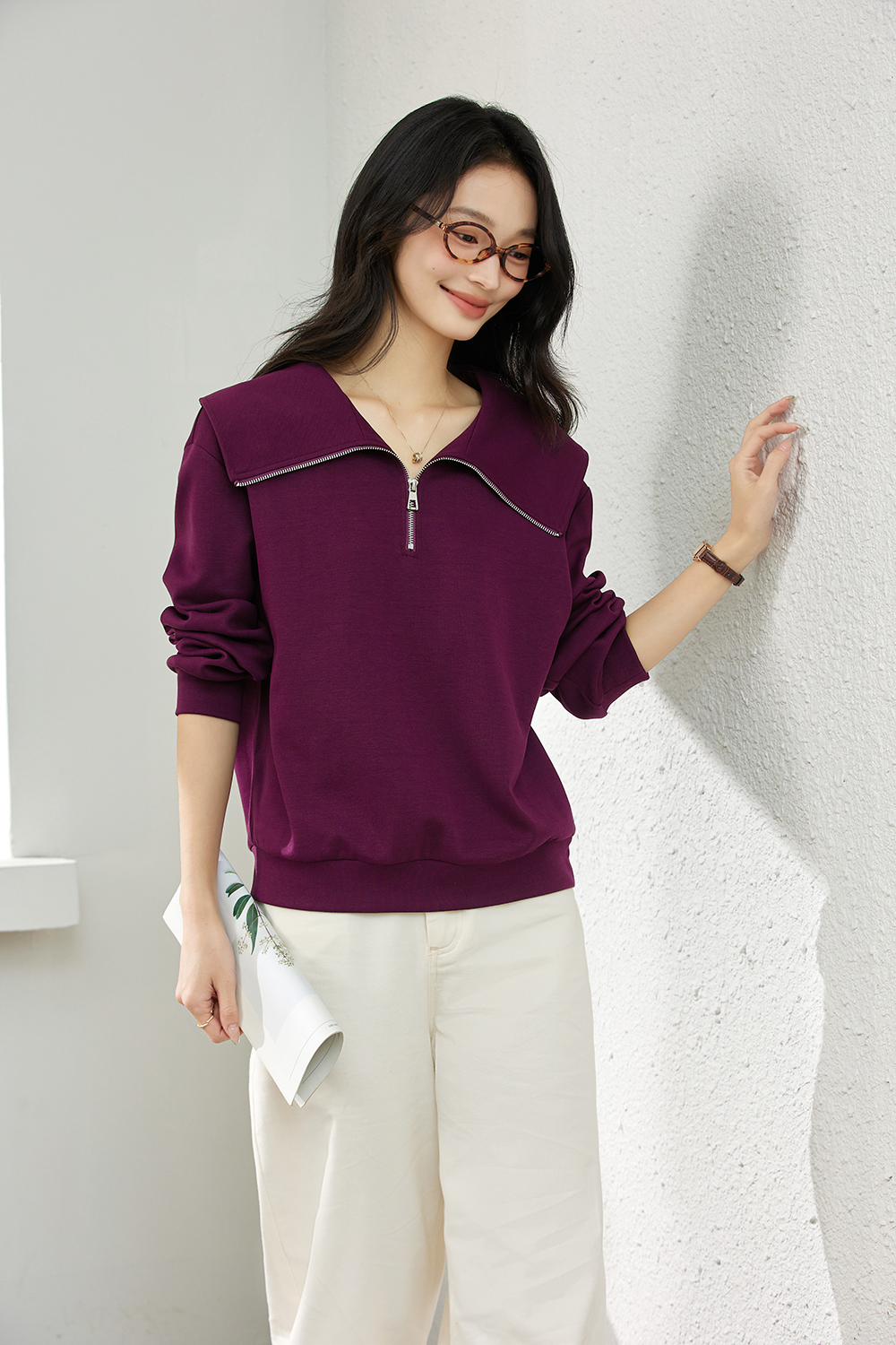 Temperament navy collar casual loose slim long sleeve sweater-VIMLYSTORE