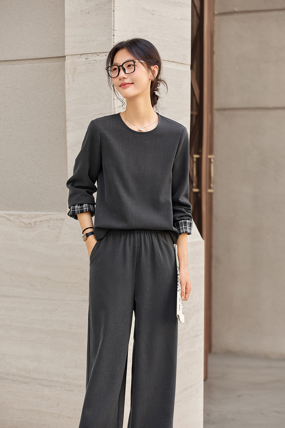 Effortless Gray Knit Top & Palazzo Pants Office Set-VIMLYSTORE