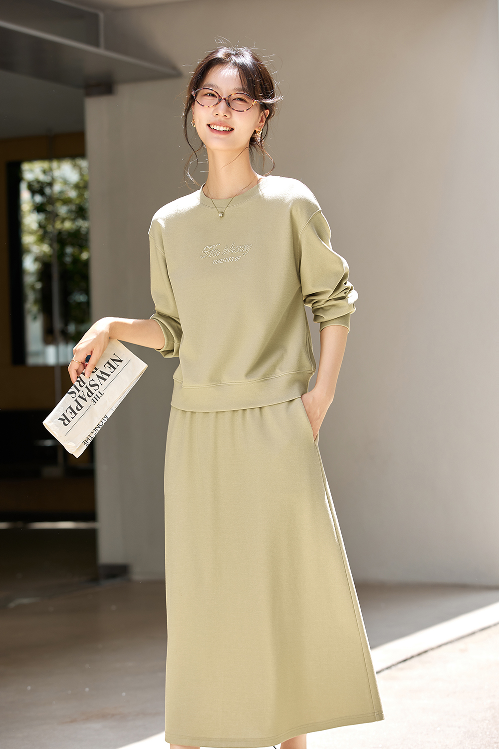 Crewneck Sweatshirt & Embroidered A-Line Skirt Set-VIMLYSTORE