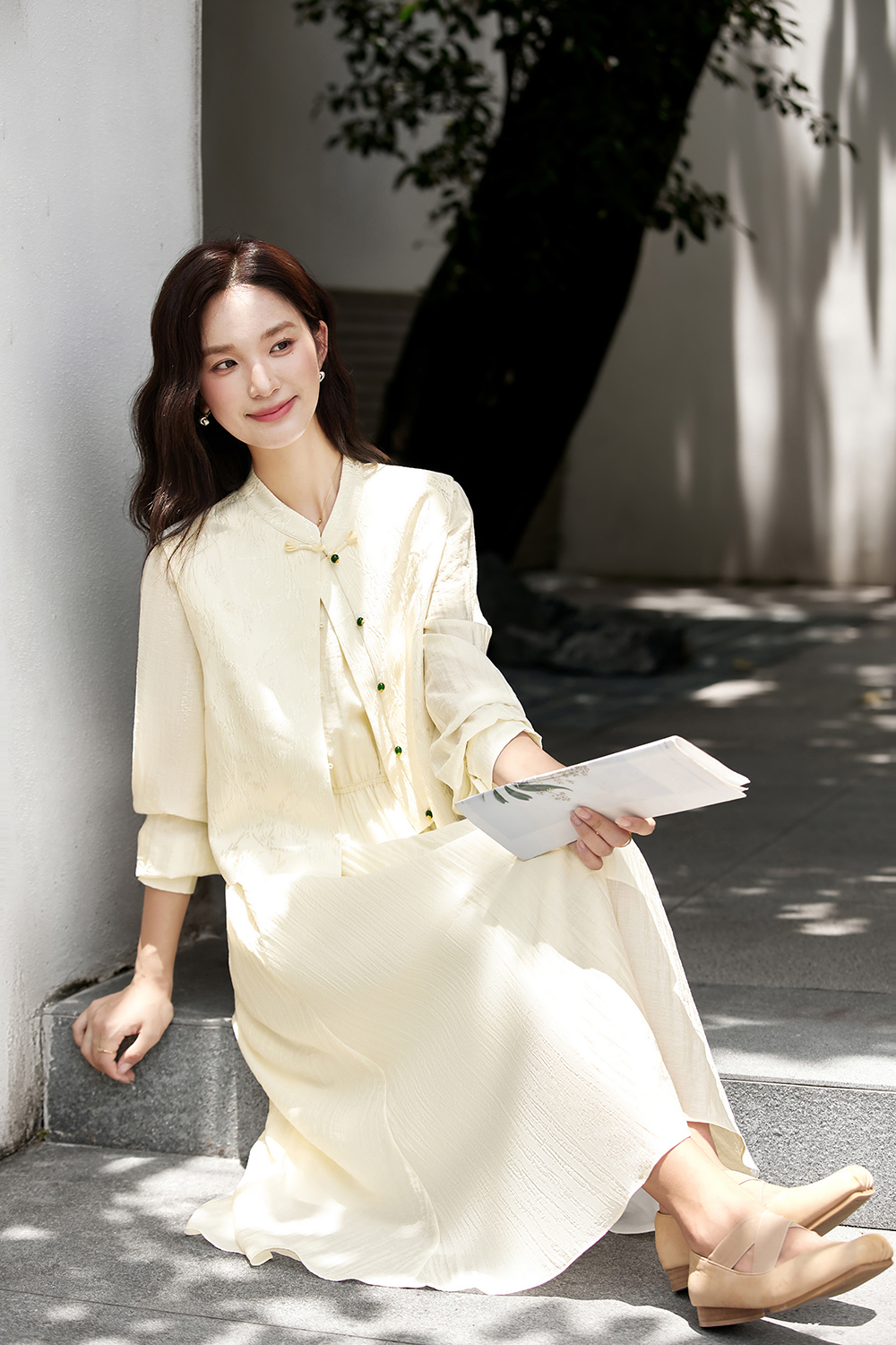 New Chinese Style Elegant Jacquard Vest and Round Neck Long Dress Two-Piece Set-VIMLYSTORE