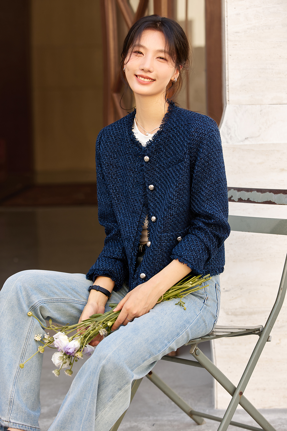 Navy Short Raw Edge Design Round Neck CN style Jacket-VIMLYSTORE