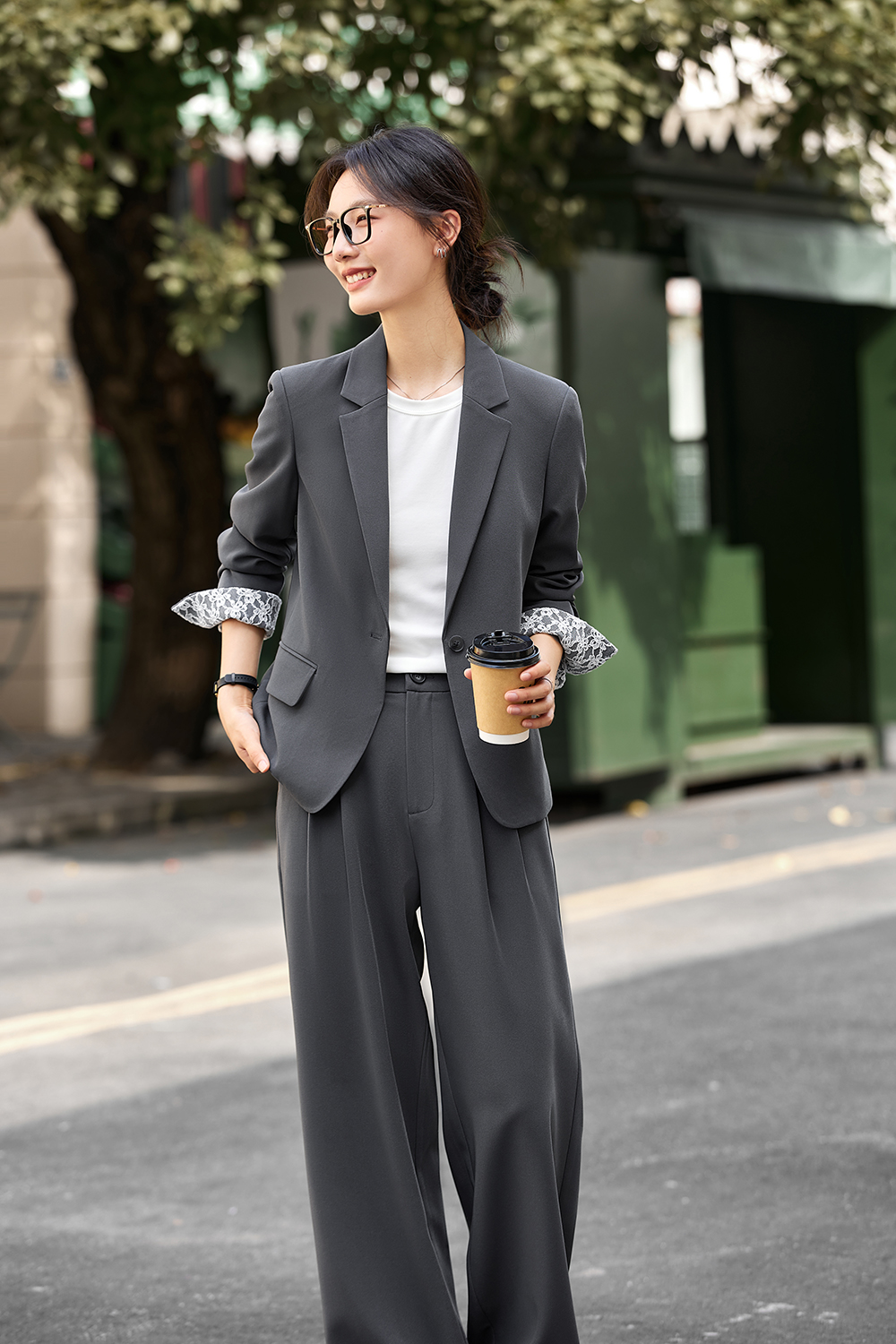 Commute Lapel Top with Wide-Leg Trousers Suit Set-VIMLYSTORE