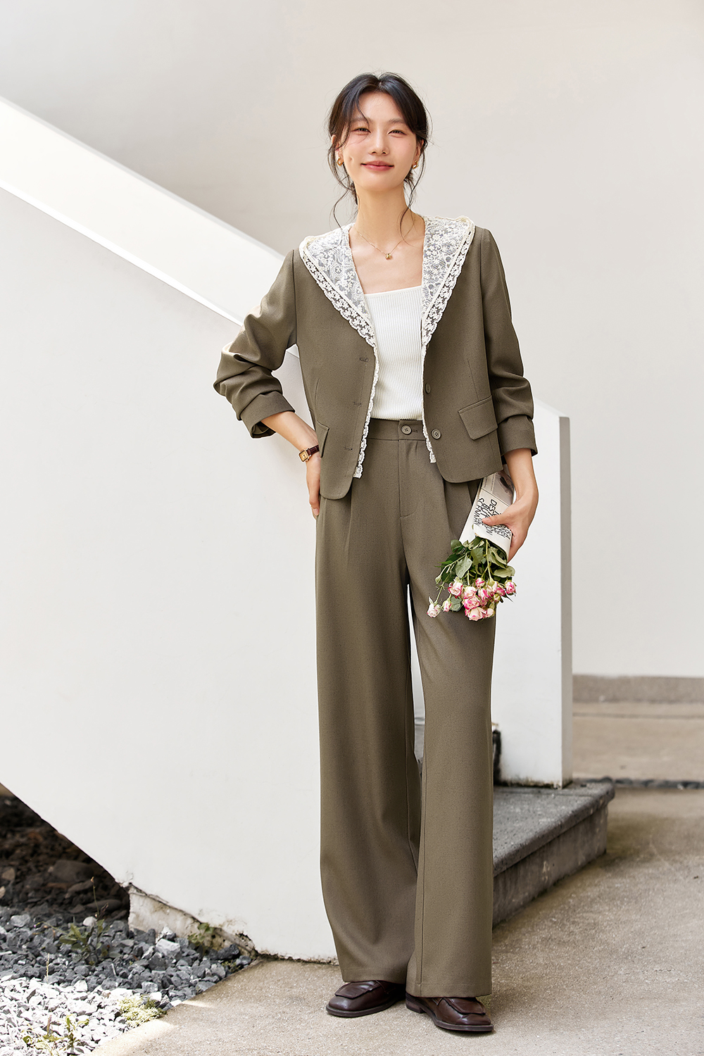 Hooded Lace Jacket Top with Casual Trousers Suit Set-VIMLYSTORE