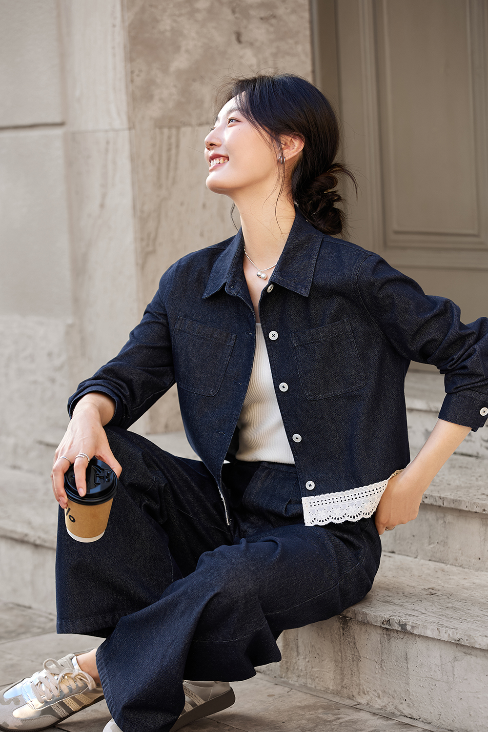 Lace Trim Lapel Jacket and Pants Denim Set-VIMLYSTORE