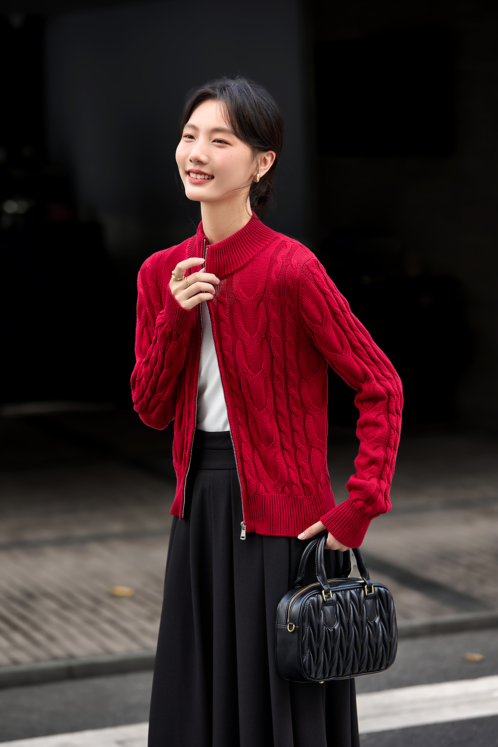 Twisted Cable Stand Neck Zipper Knit Cardigan-VIMLYSTORE