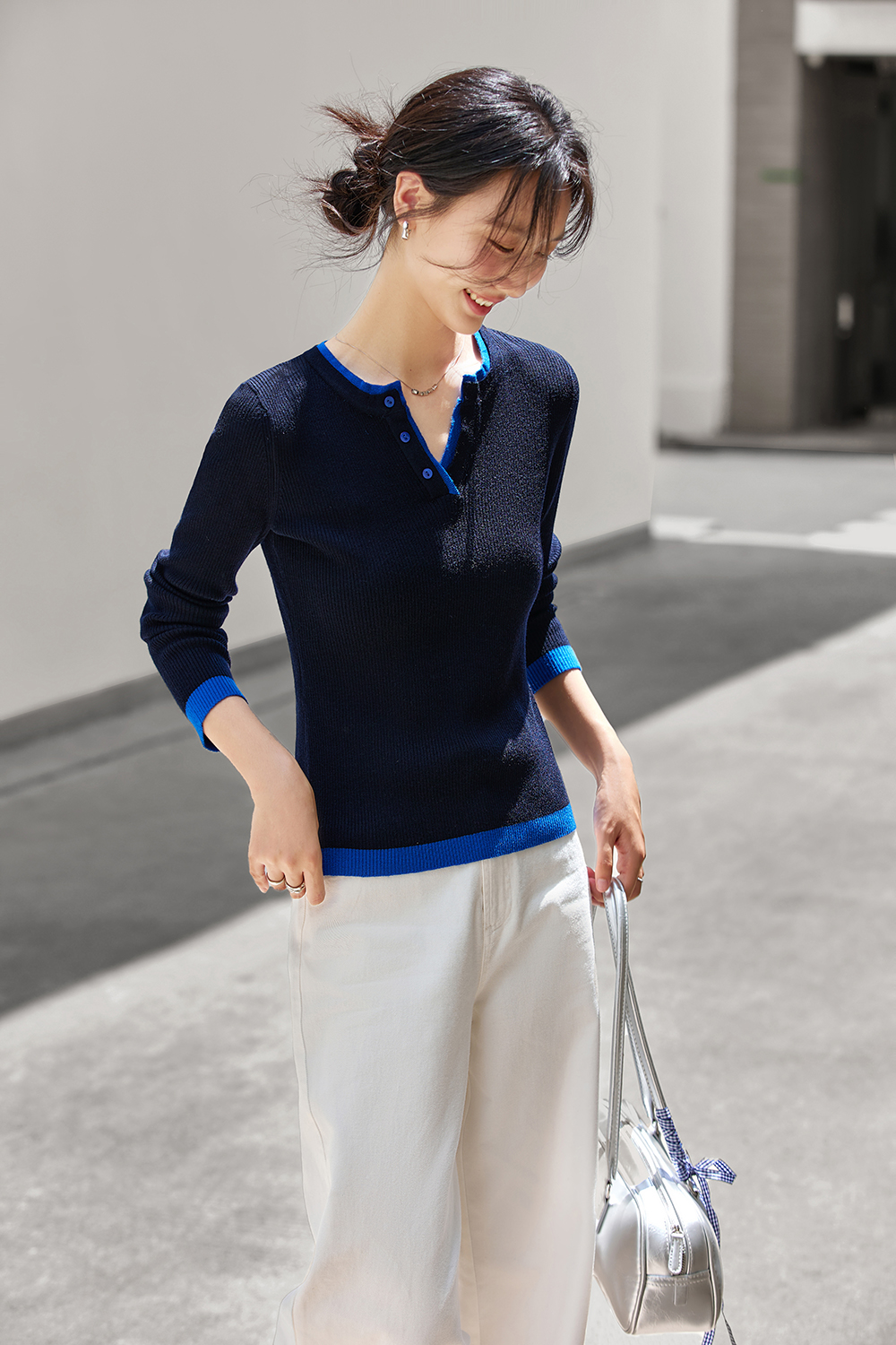 Color-Block Fake Two-Piece Round Neck Fitted Slimming Versatile Knit Top-VIMLYSTORE