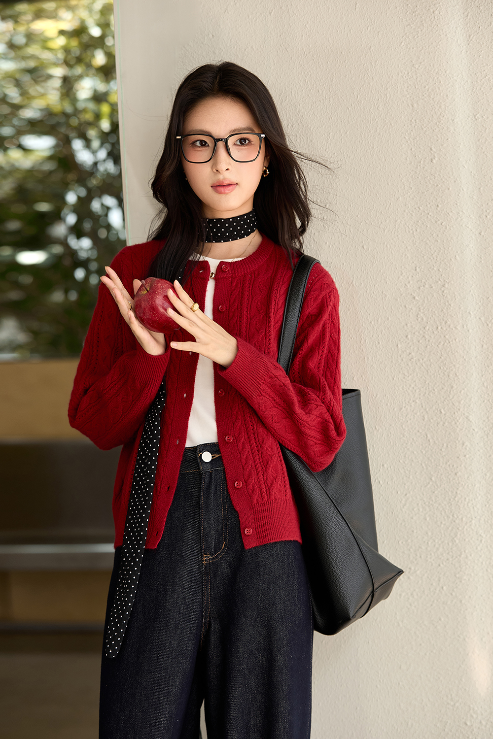 Red Cable-Knit Loose Wool Blend Round Neck Knit Sweater-VIMLYSTORE