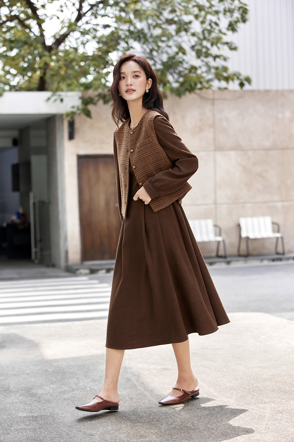 Brown Elegant Round Neck Vest with Long Dress Set-VIMLYSTORE