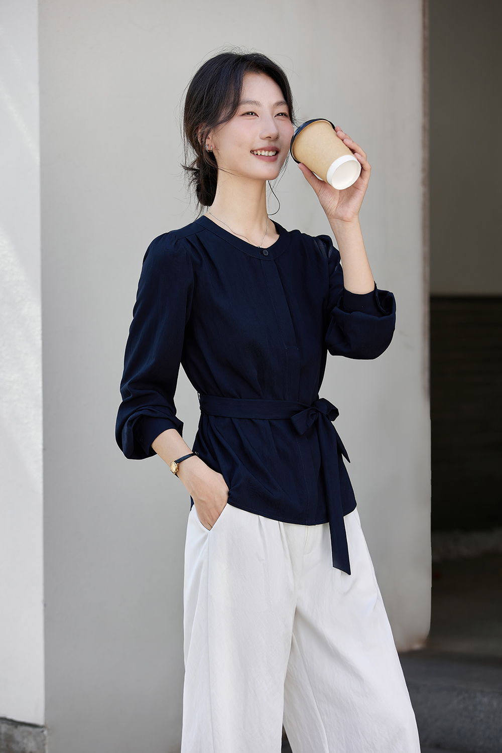 Navy Blue Korean-Style Puff Sleeve Waist-Defining Slimming Round Neck Blouse-VIMLYSTORE