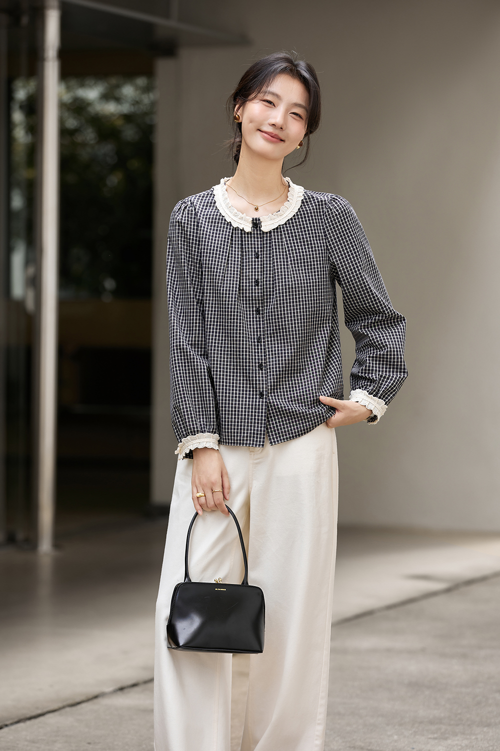 Black-Apricot Checkered Lace Trim Round Neck Puff Long Sleeve Blouse-VIMLYSTORE