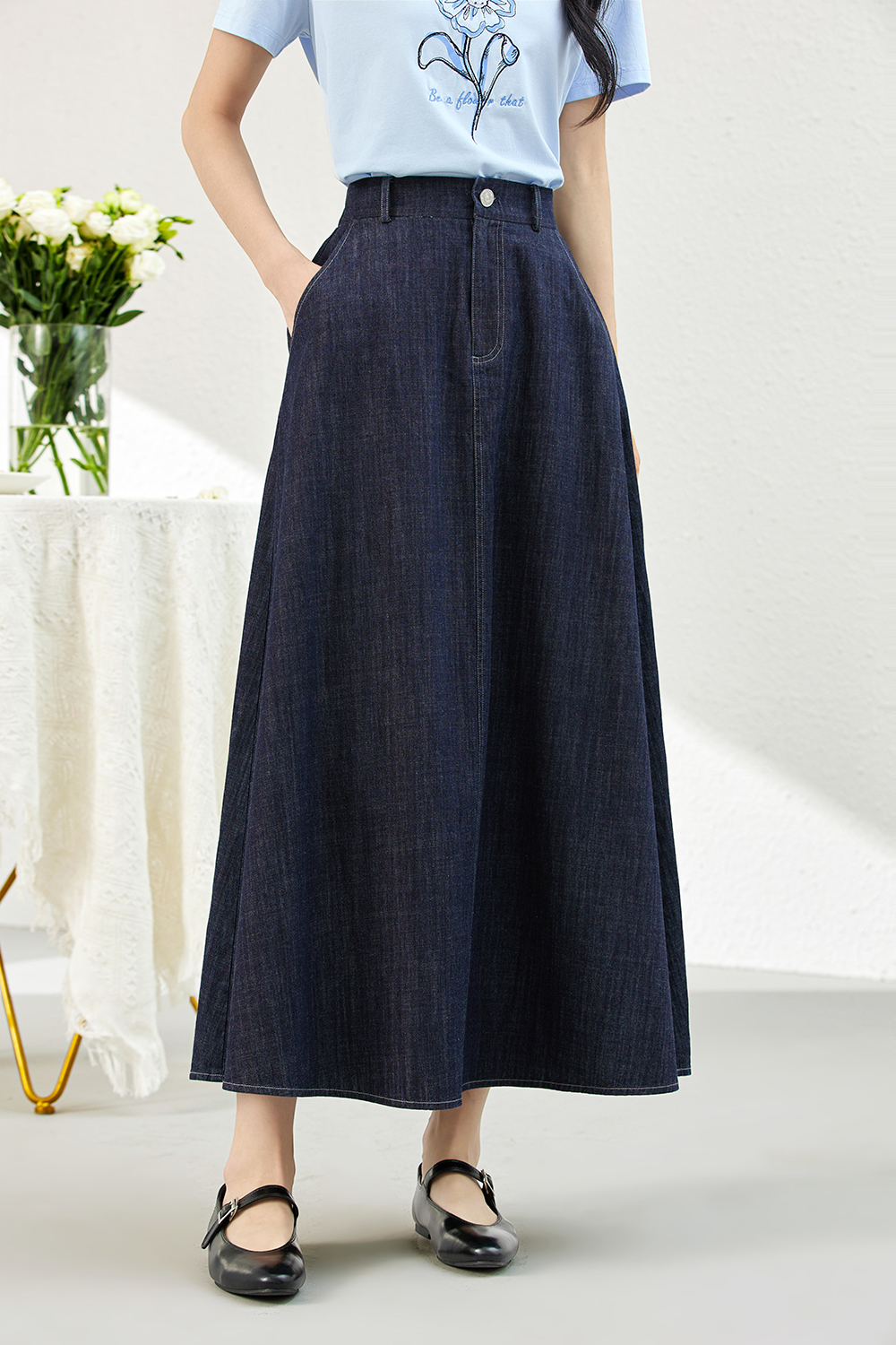 Denim A-Line Skirt with Contour Waistband-VIMLYSTORE