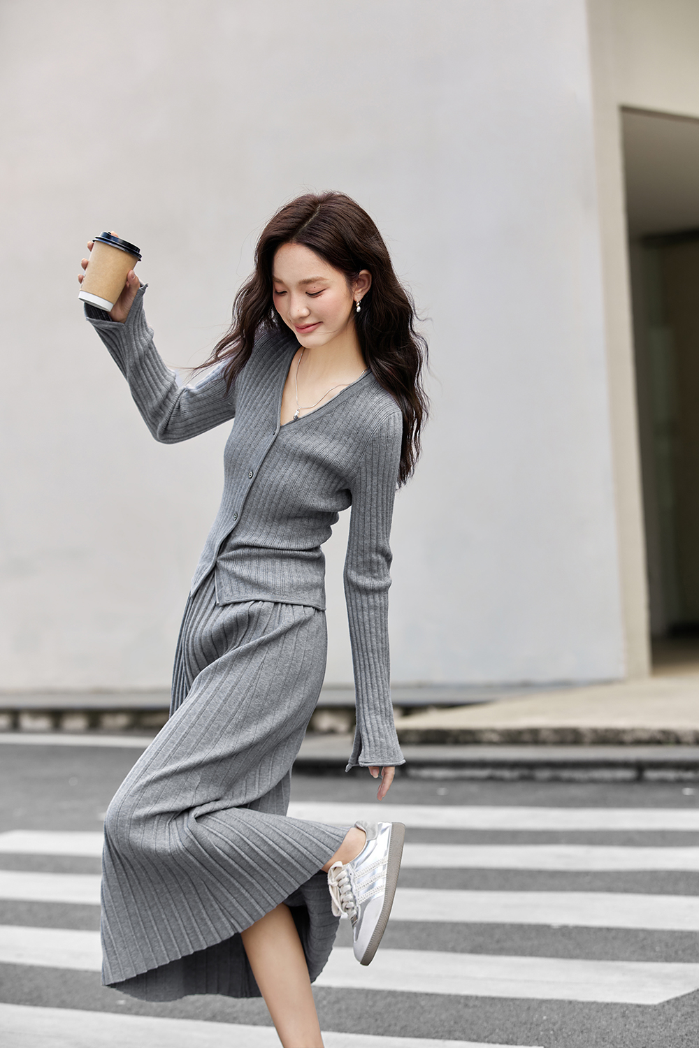 Fitted V-Neck Top & Pencil Skirt Knit Set-VIMLYSTORE