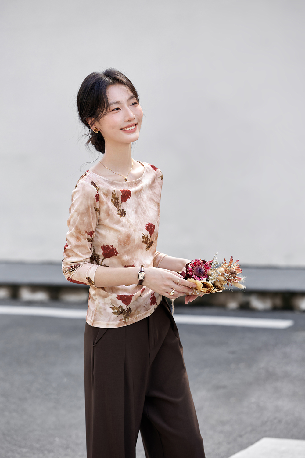 Floral Velvet Boatneck Top with Shirred Waist-VIMLYSTORE