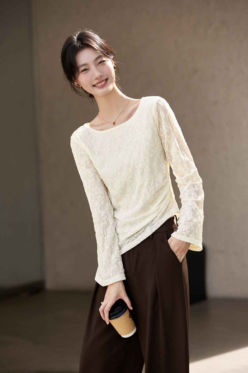 Lace-Trimmed Boatneck Top with Smocked Waist-VIMLYSTORE