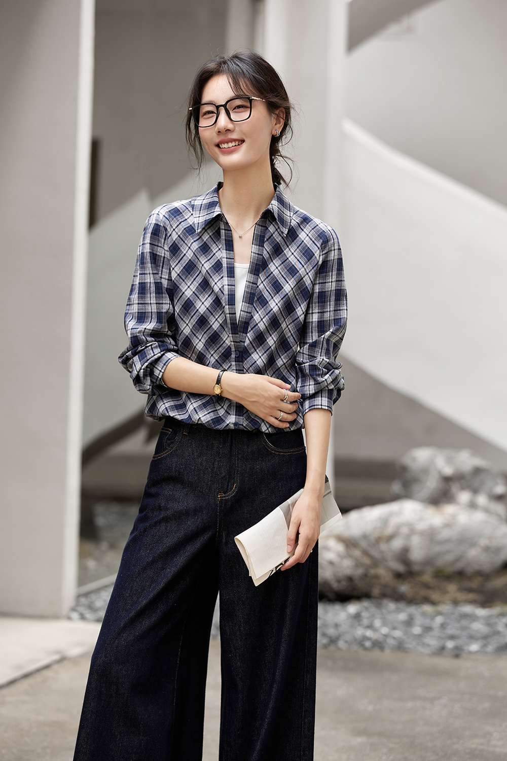 Faux Two-Tone Gingham Shirt in Dusty Blue-VIMLYSTORE