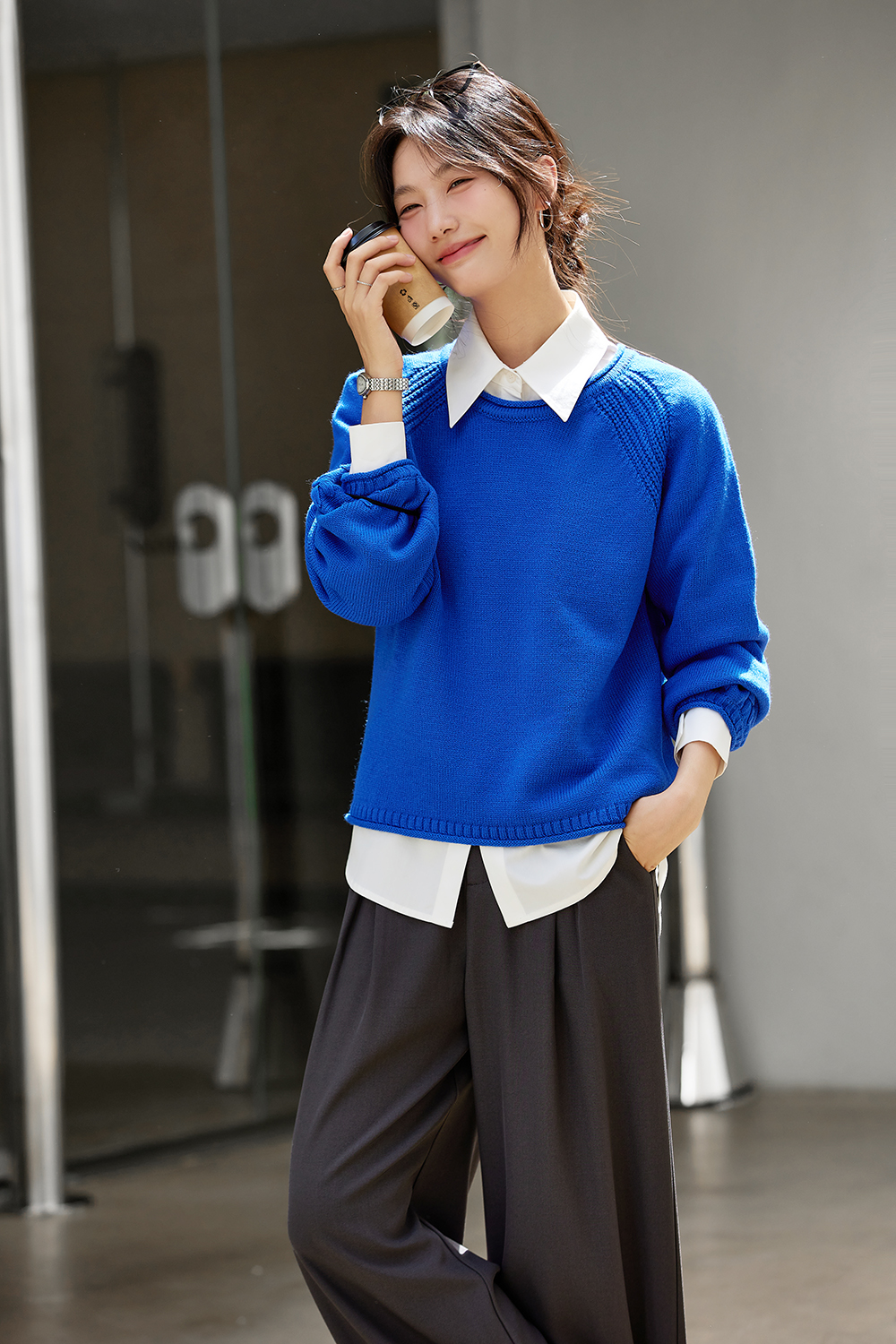 Blue three-dimensional crocheted sweater-VIMLYSTORE